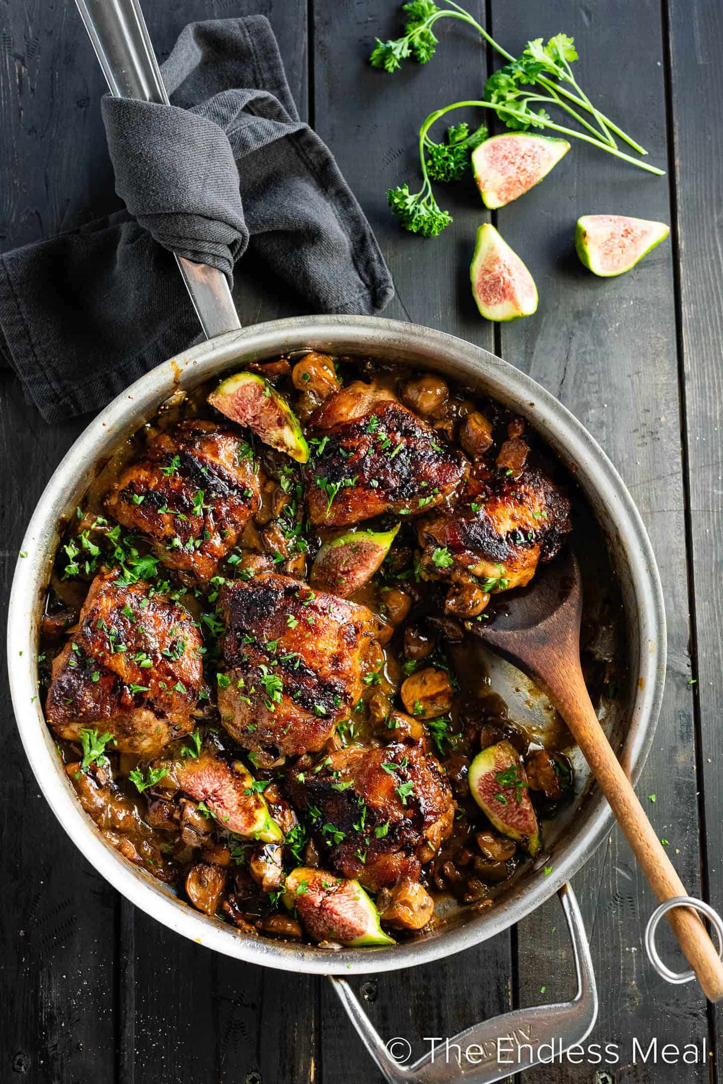 Looking down on Balsamic Fig Chicken in a pan.