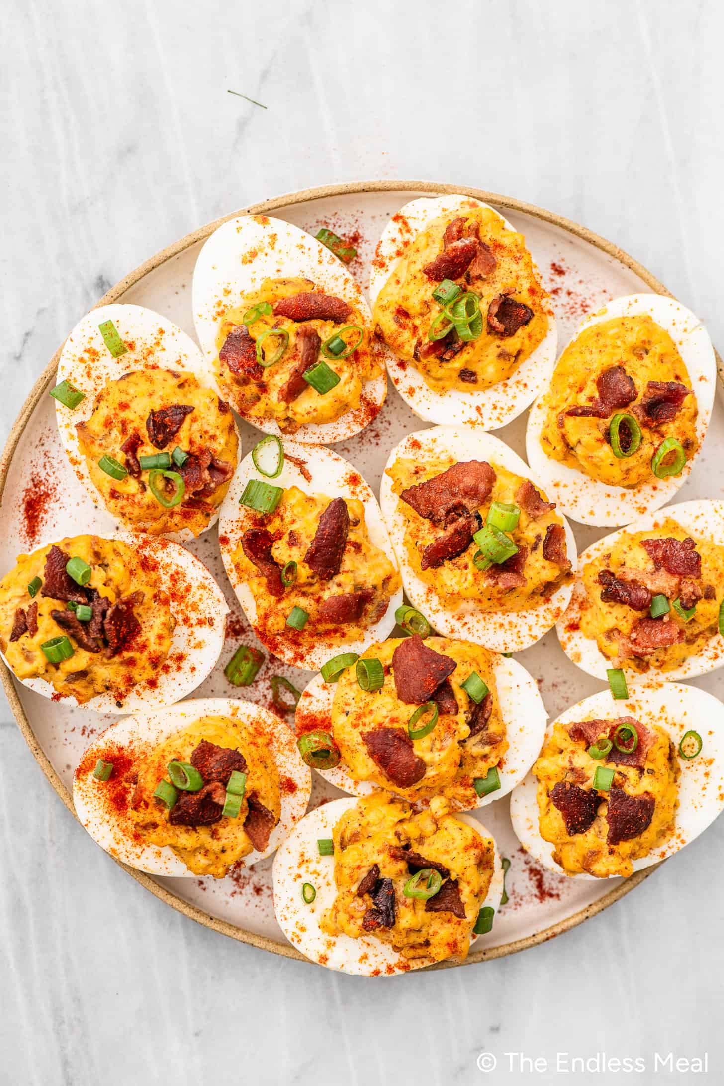 Deviled Eggs with Bacon on a serving platter