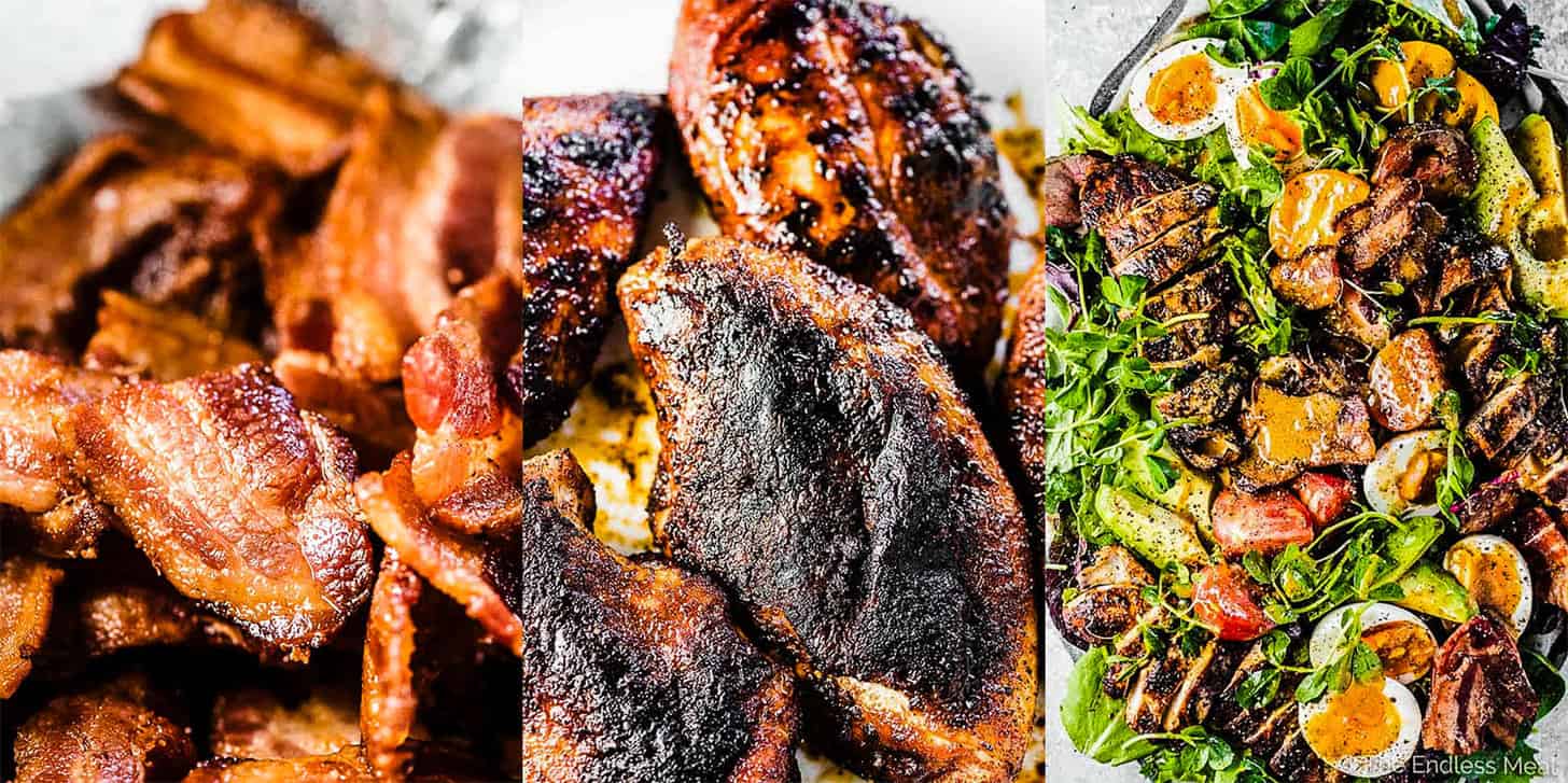 Three pictures showing how to make Grilled Chicken Cobb Salad