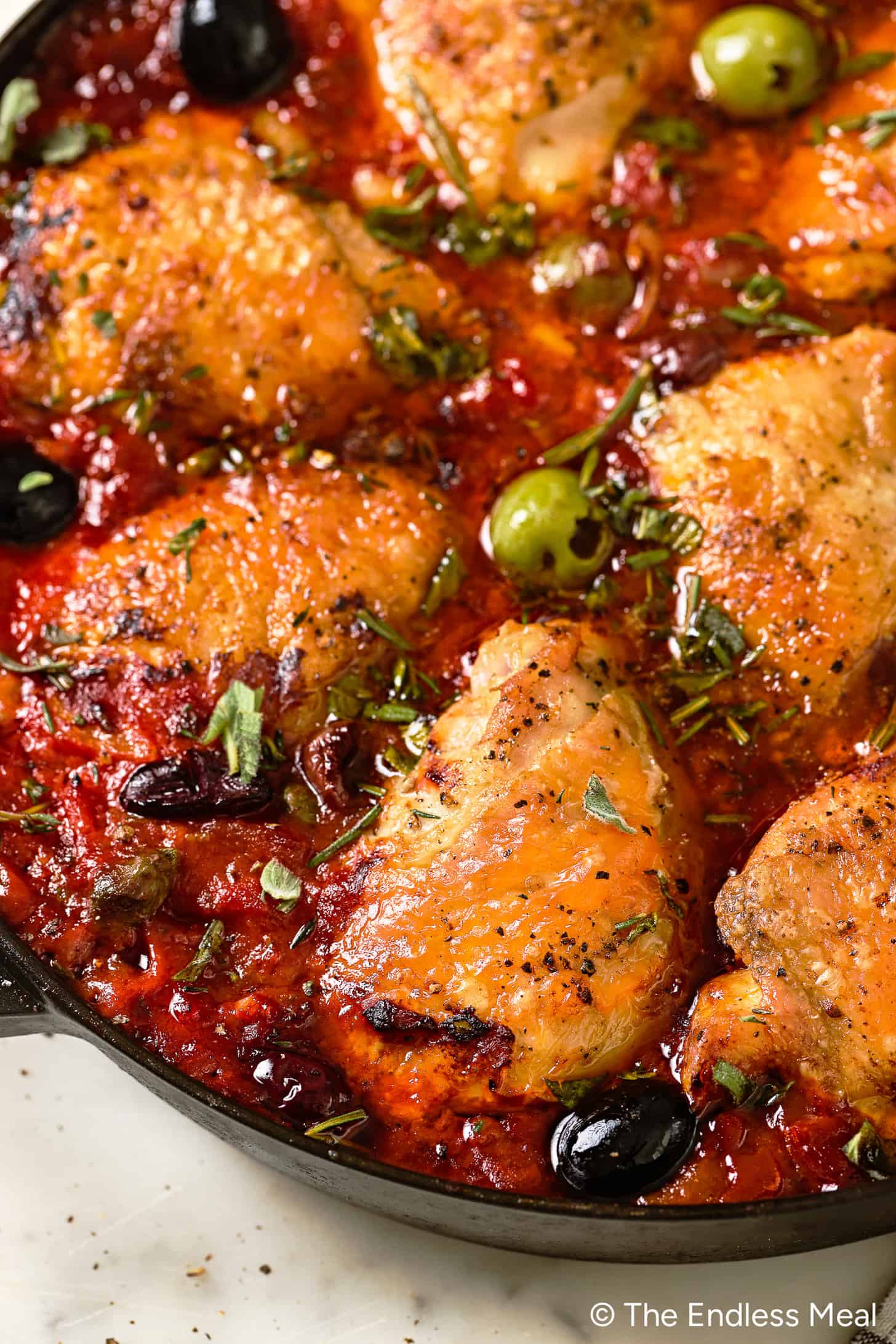 A close up of Italian Braised Chicken in a pan