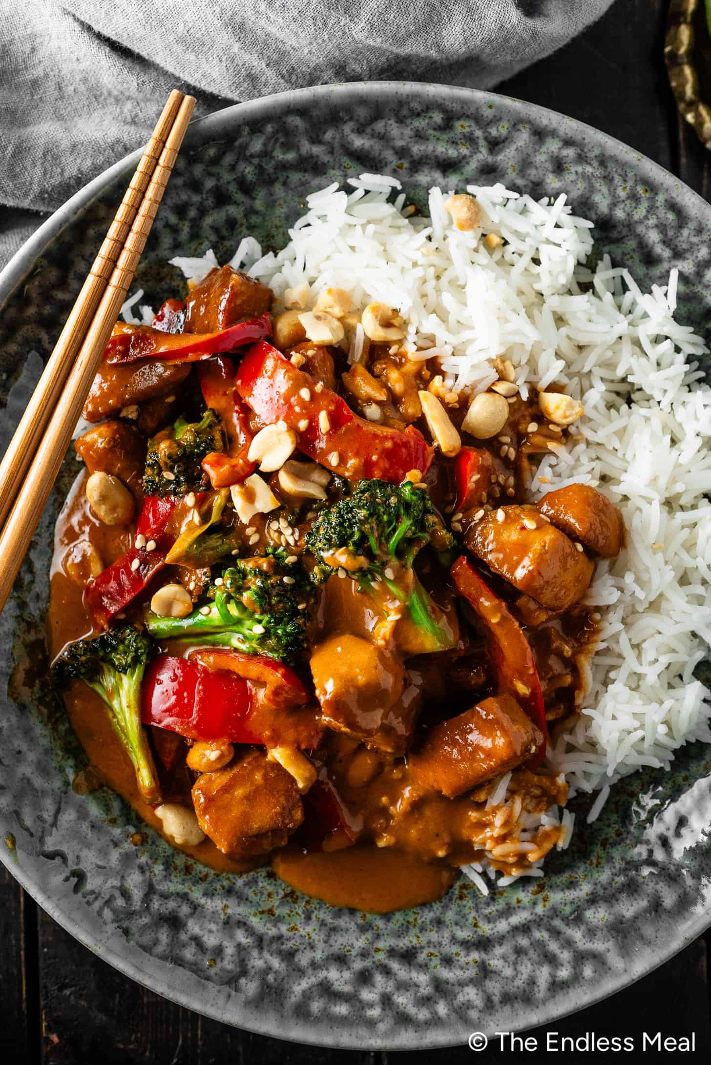 Peanut Chicken with rice in a dinner bowl
