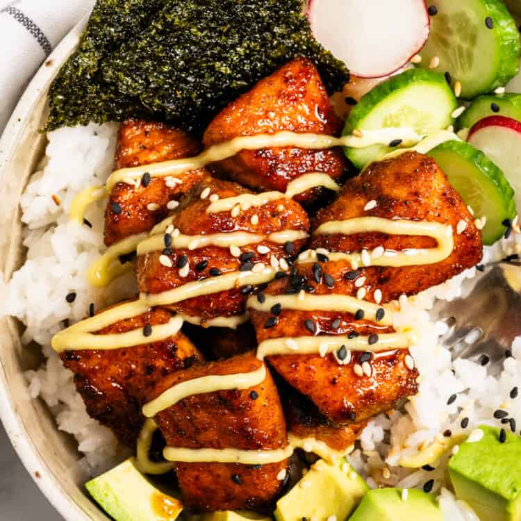 Salmon and Rice for dinner with avocado and wasabi mayo