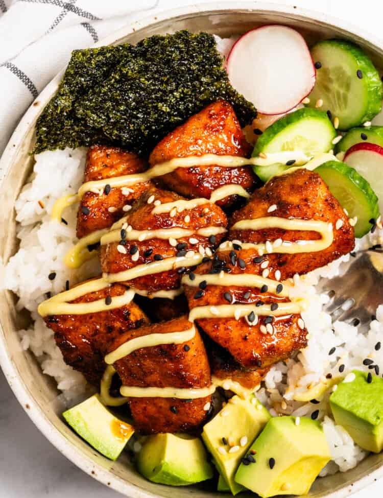 Salmon and Rice for dinner with avocado and wasabi mayo