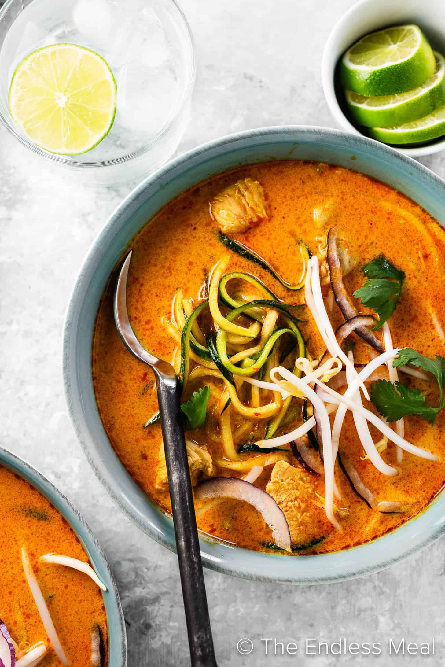 Thai Chicken Zoodle Soup in a dinner bowl