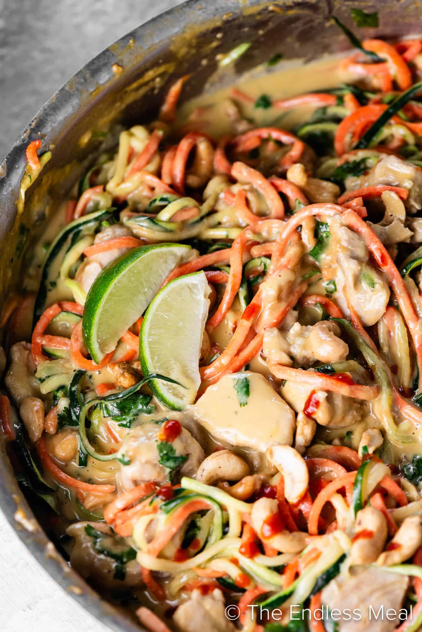 Chicken Zoodles with cashew sauce in a pan