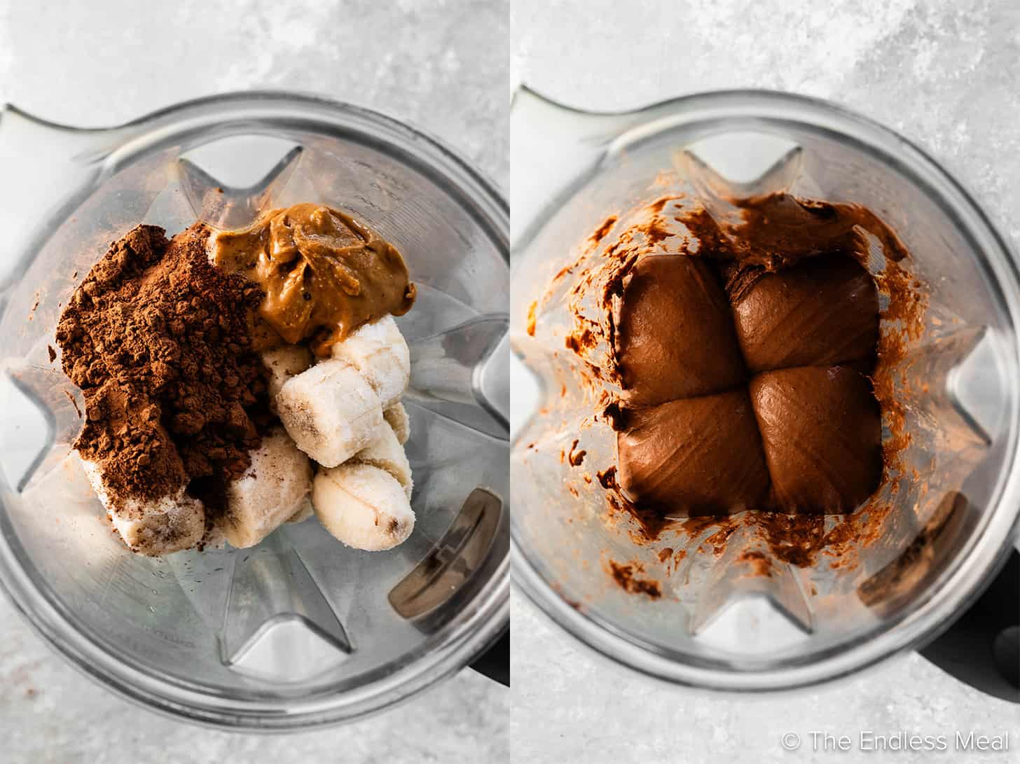 Two pictures showing how to make Chocolate Banana Ice Cream in a blender