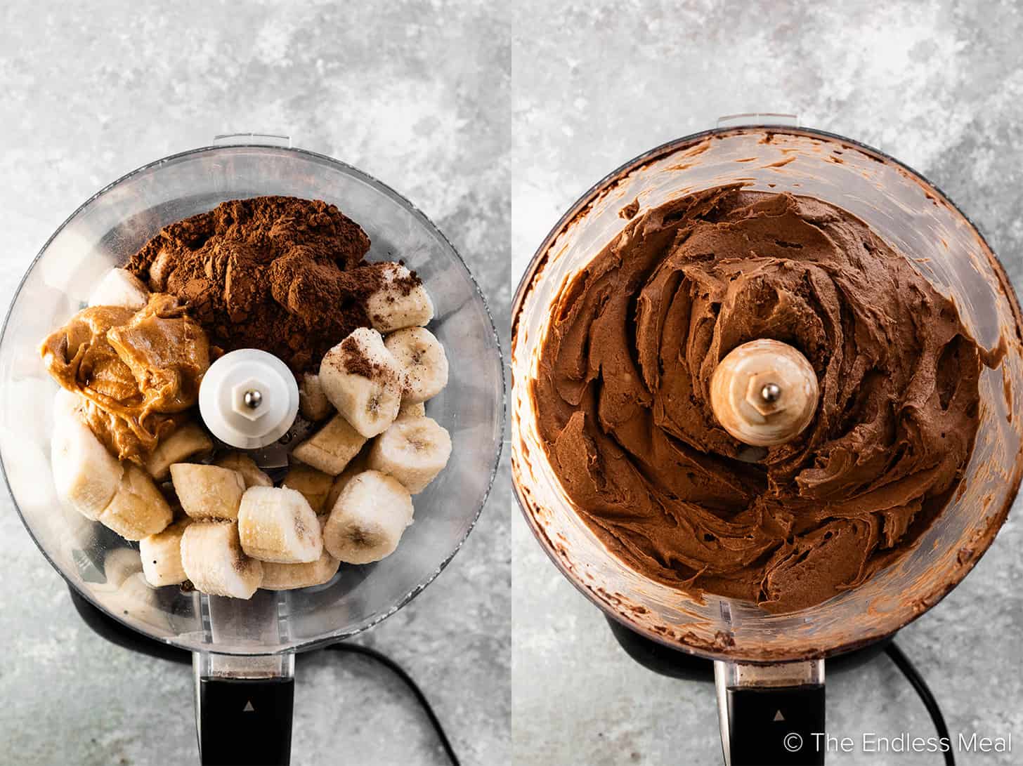 Two pictures showing how to make Chocolate Banana Ice Cream in a food processor