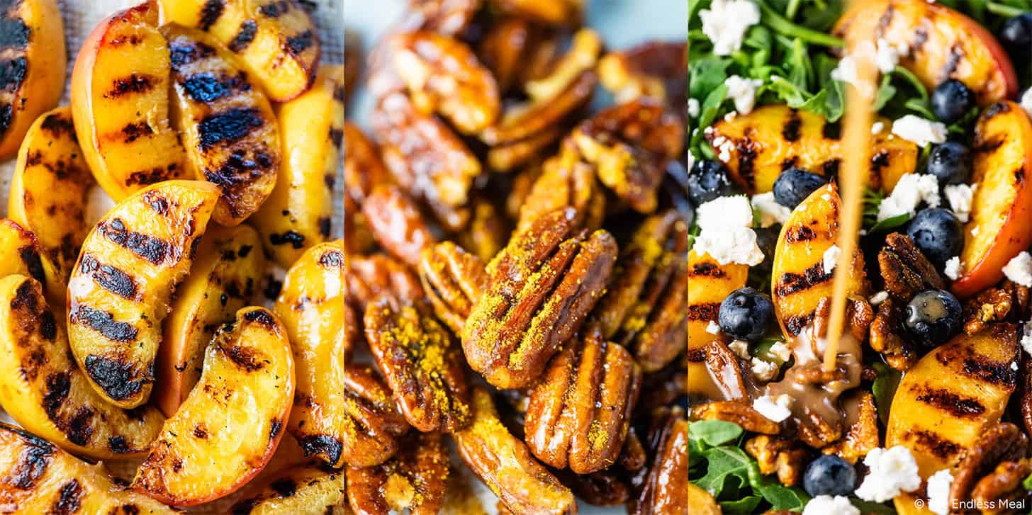 Three pictures showing how to make a Grilled Peach Salad