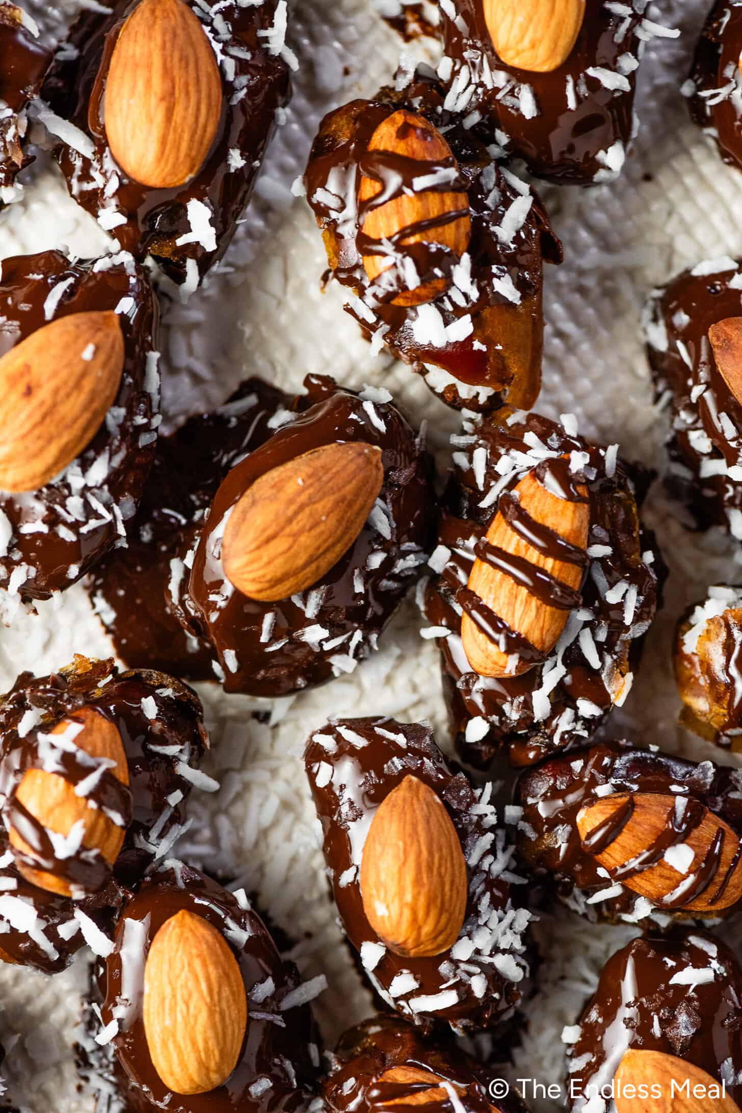 Almond Joy Dates on a dessert platter