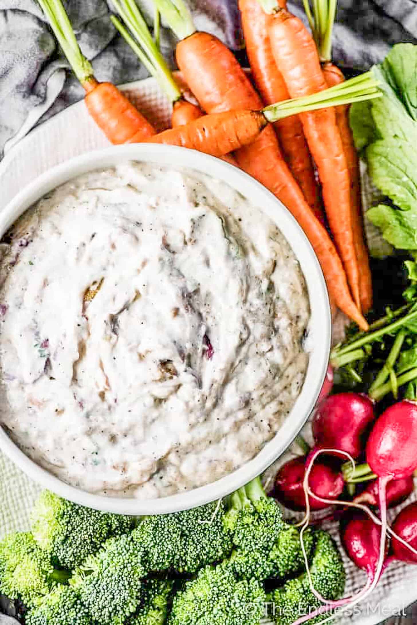 Roasted Onion Dip on a plate with veggies