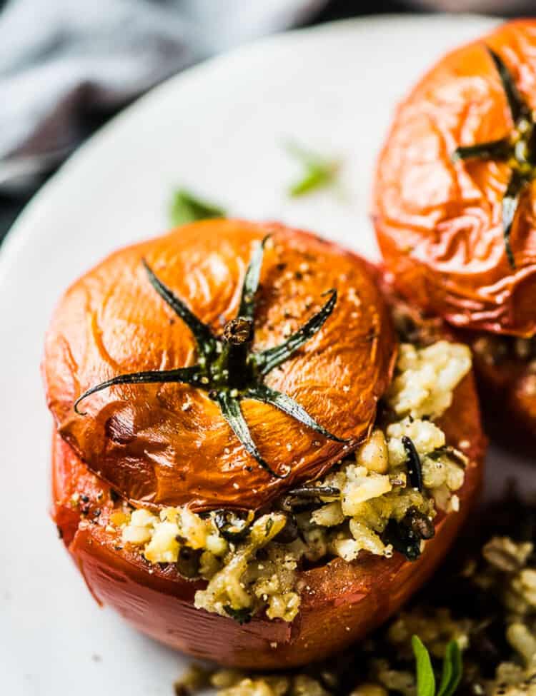 Stuffed Tomatoes with Rice on a dinner plate