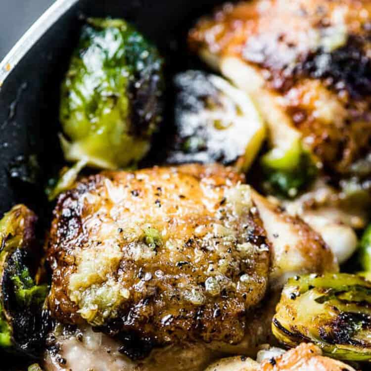 Chicken and Brussels Sprouts for dinner in a cast iron pan