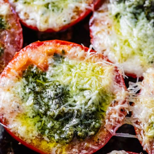 Roasted Tomatoes with Pesto in a baking dish