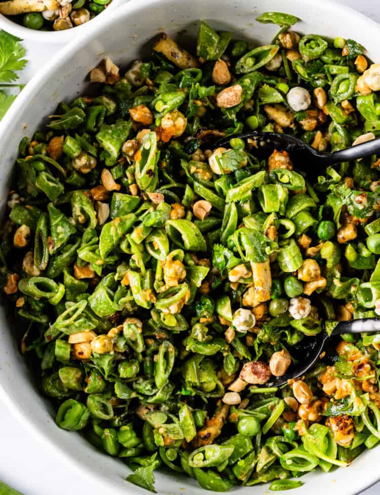 this sesame crunch snap pea salad in a bowl.
