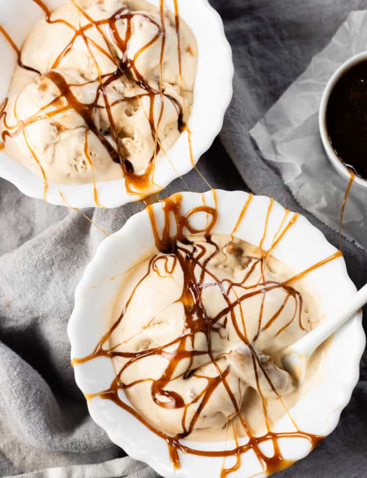 Two dessert bowls with No Churn Salted Caramel Ice Cream