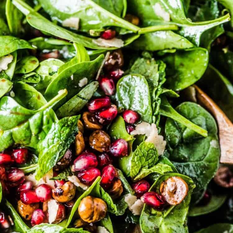 A close up of Spinach Pomegranate Salad