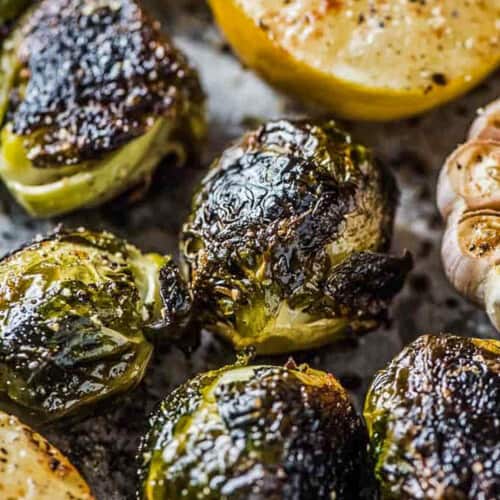 A close up of Whole Roasted Brussels Sprouts