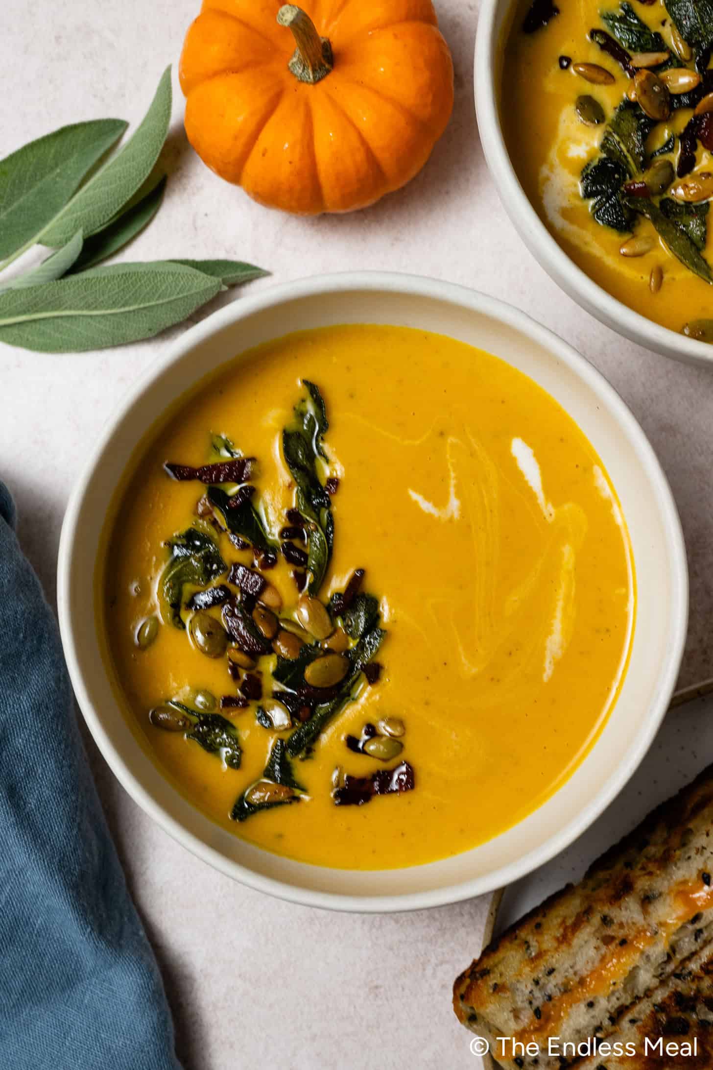 Canned Pumpkin Soup with Crispy Pumpkin Seeds and Bacon