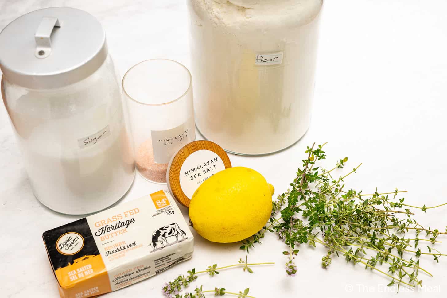 ingredients for making lemon thyme shortbread cookies