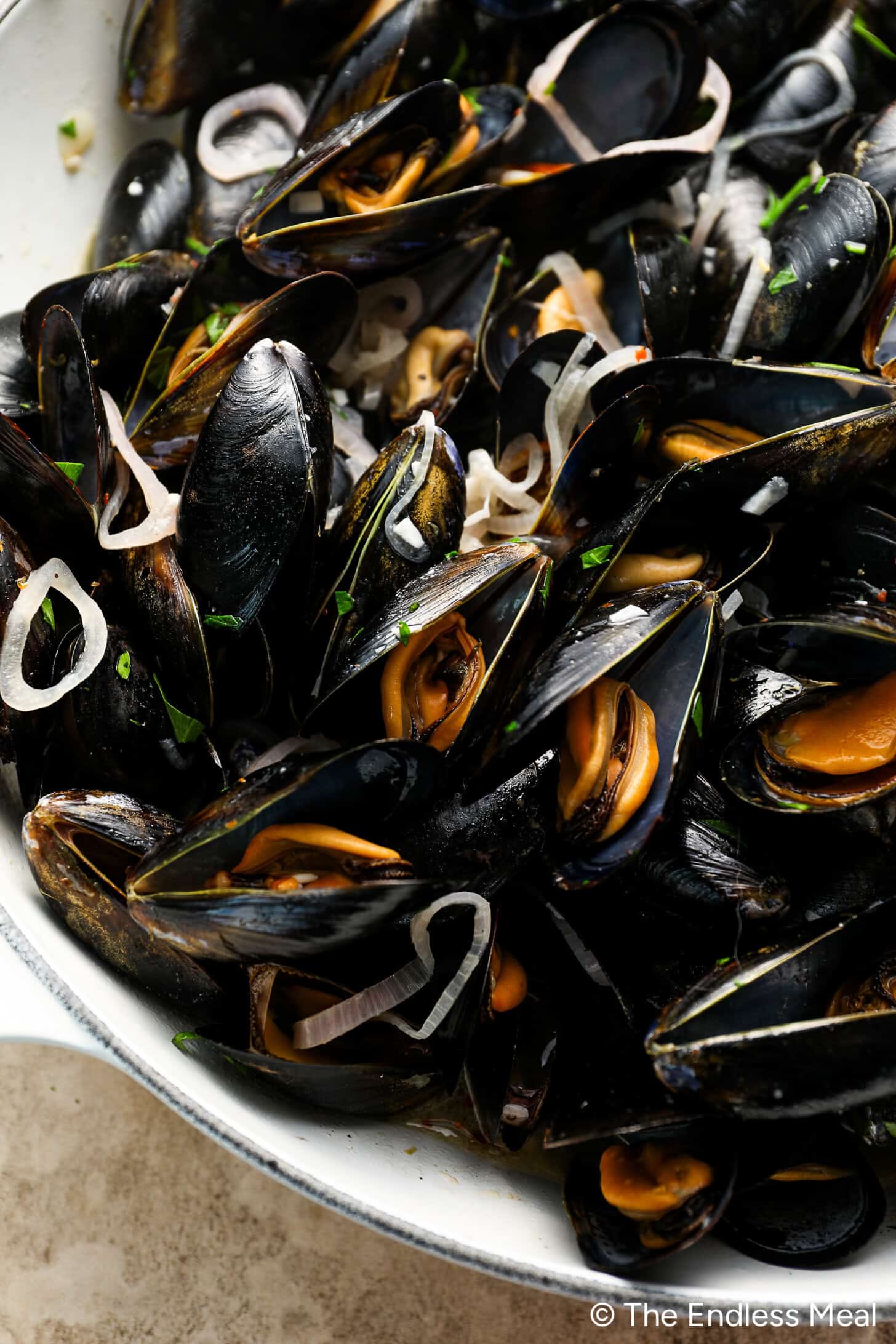 A close-up of Moules in a white dish, garnished with thinly sliced shallots and herbs, captures the classic elegance of Moules Frites.