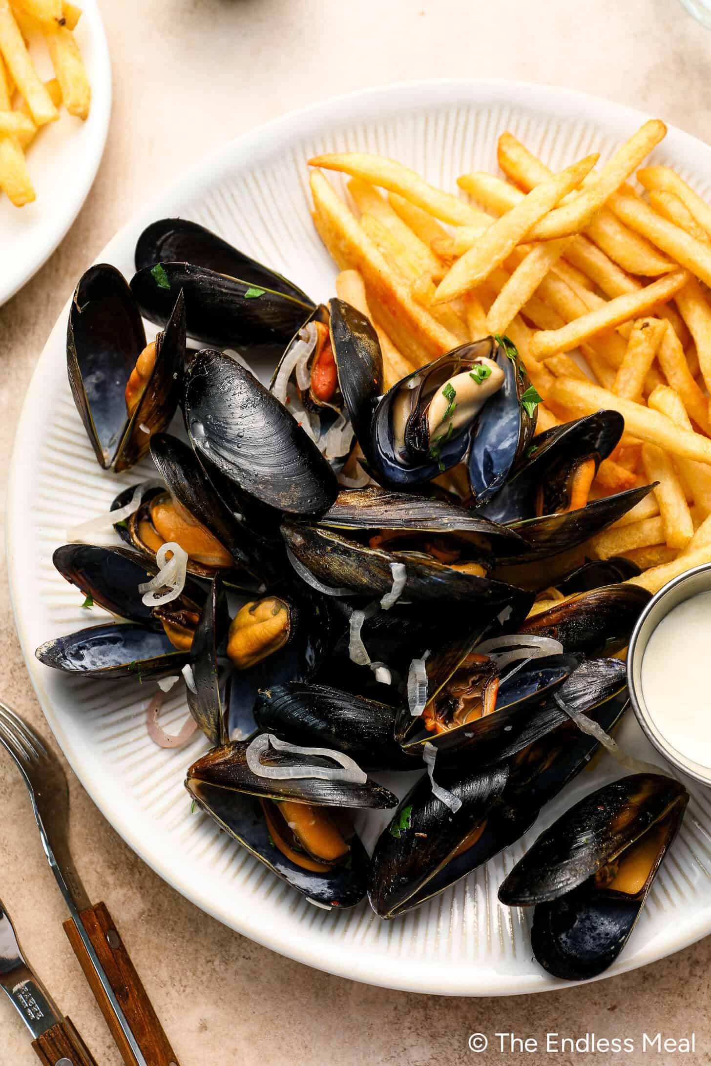 A plate of Moules Frites features cooked mussels garnished with sliced shallots, served alongside crispy French fries and a small dish of dipping sauce—a classic delight from Belgian cuisine.