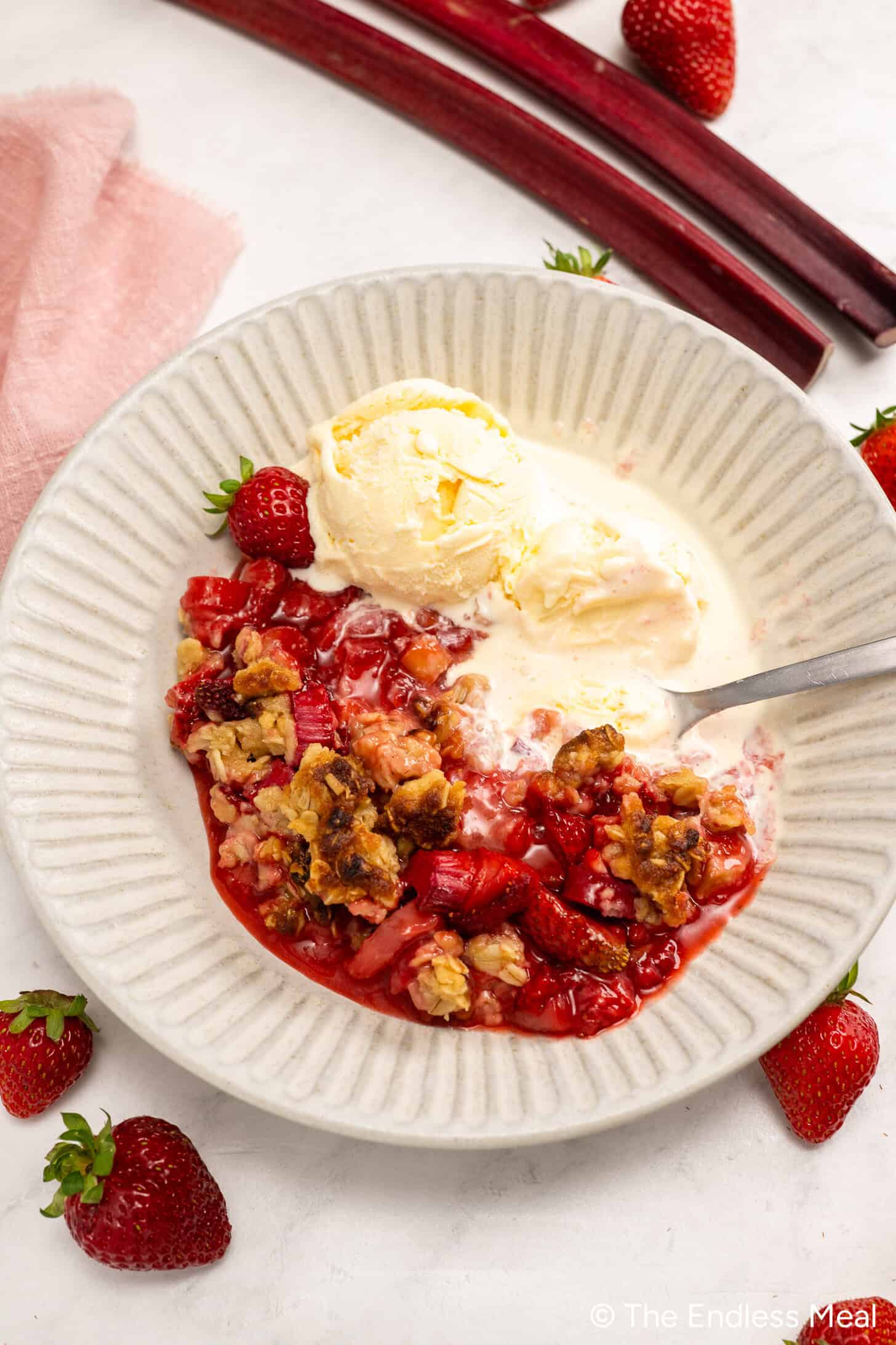 A bowl of Strawberry Rhubarb Crisp topped with vanilla ice cream, served with a spoon, fresh strawberries, and rhubarb stalks alongside.