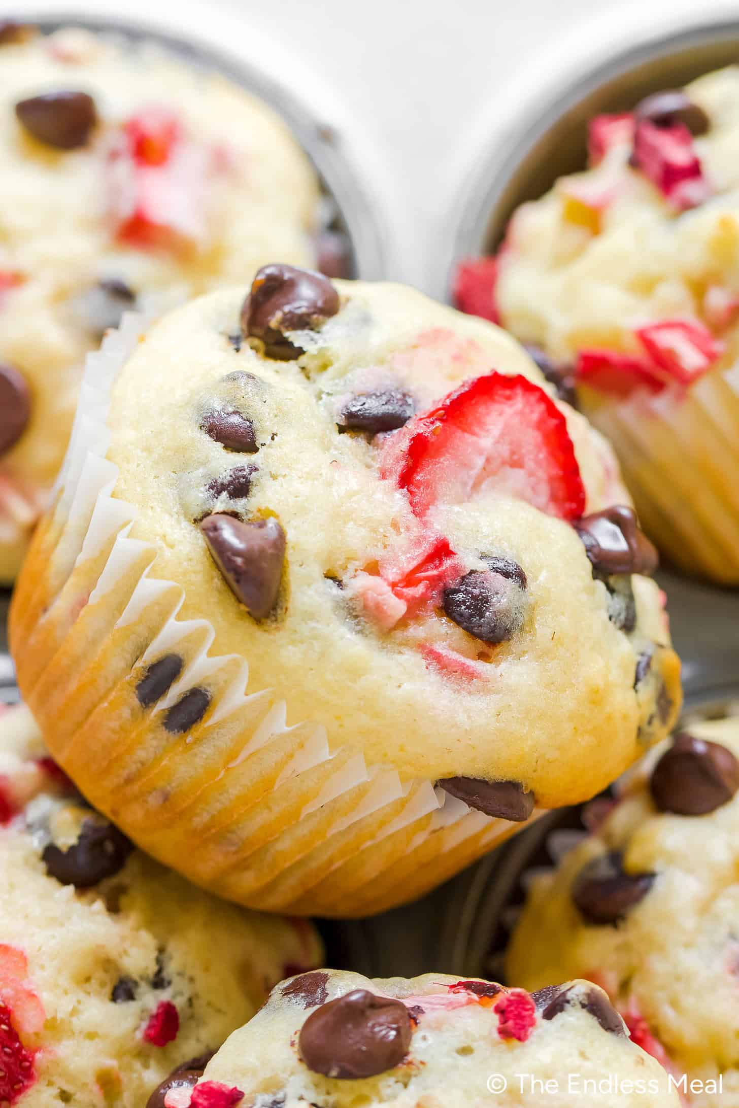 A close-up of chocolate chip Muffin Cake muffins with pieces of strawberries, one muffin resting on top of others in a muffin tin.