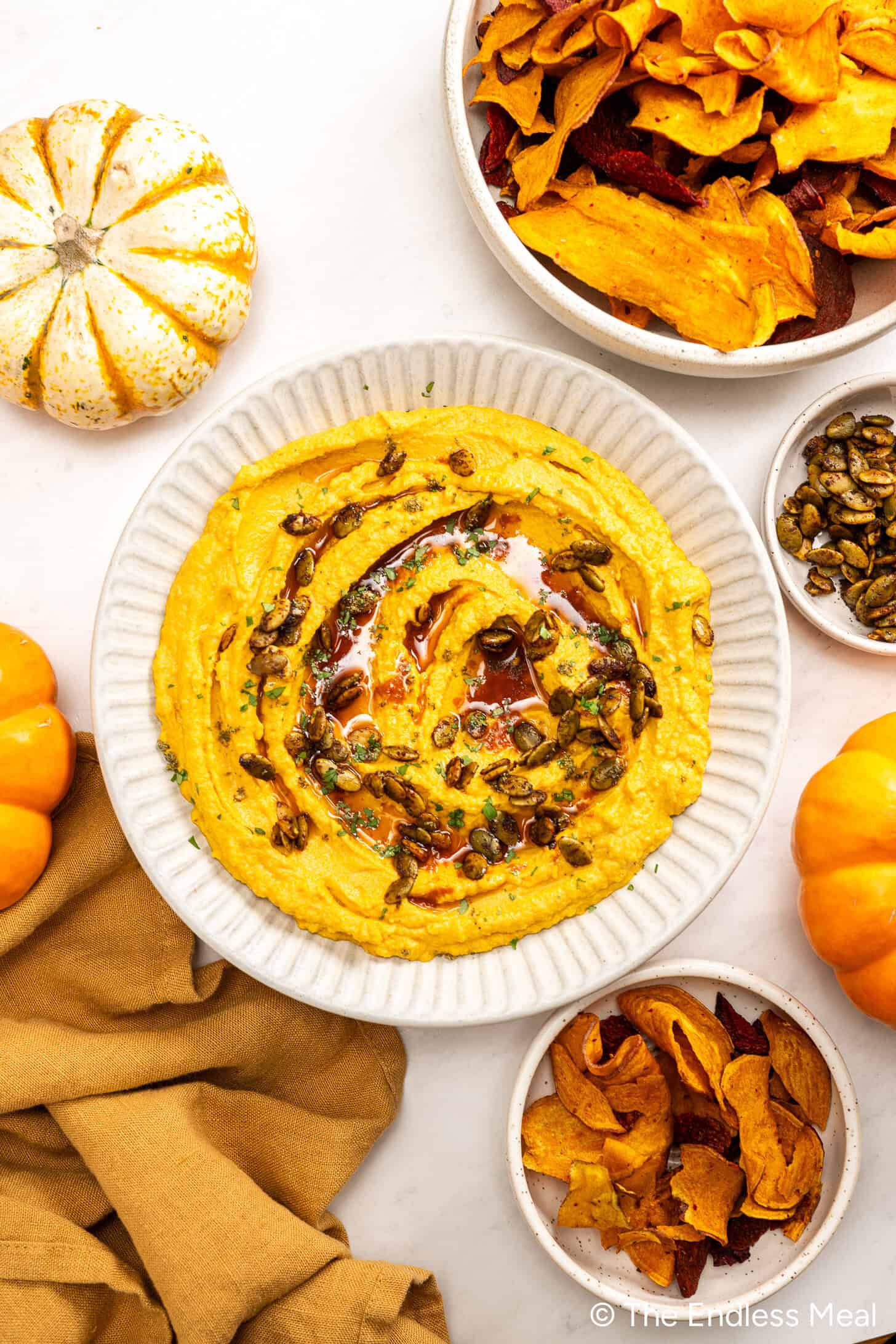Pumpkin Hummus with Garlic Pepitas and Chili Oil