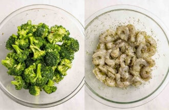 Side-by-side image of two glass bowls: one with fresh broccoli florets, the other with raw, seasoned shrimp—perfect for Sheet Pan Shrimp and Broccoli.