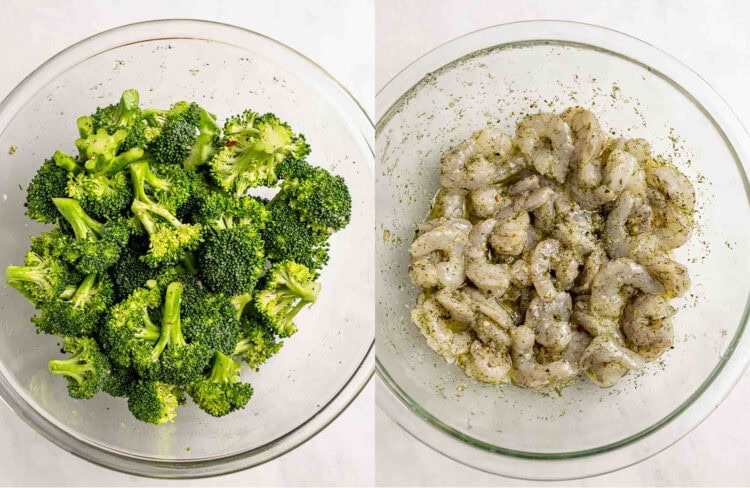 Side-by-side image of two glass bowls: one with fresh broccoli florets, the other with raw, seasoned shrimp—perfect for Sheet Pan Shrimp and Broccoli.