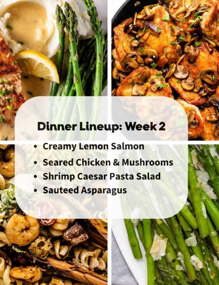 Four delicious dishes are featured in week 2's dinner lineup: creamy lemon salmon with mashed potatoes, seared chicken with mushrooms, shrimp Caesar pasta salad, and sautéed asparagus. The text highlights this week's tasty meal plan.