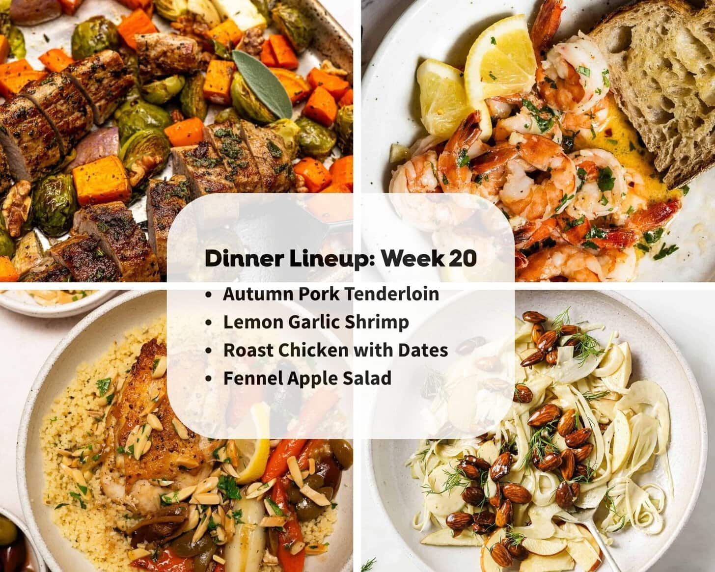 Four plated dishes—skewered pork with vegetables, shrimp with lemon, roast chicken with dates, and fennel apple salad—surround a text box listing a weekly dinner lineup.