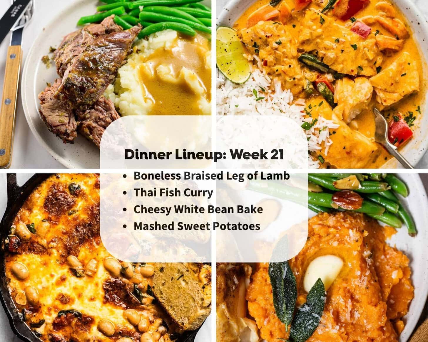 Four plated meals surround a text box listing a dinner lineup: braised leg of lamb, Thai fish curry, white bean bake, and mashed sweet potatoes, each shown with various side dishes.