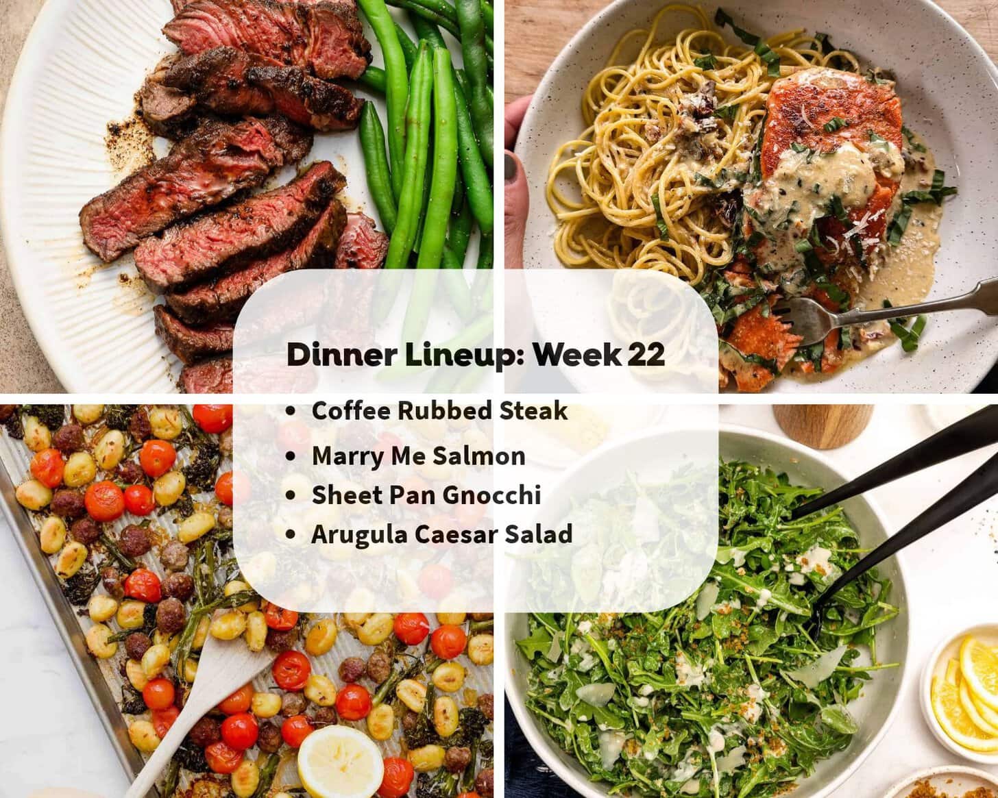 A collage of four plated dishes: steak and green beans, salmon with pasta, roasted gnocchi with vegetables, and Caesar salad, with a dinner menu list overlay at the center.