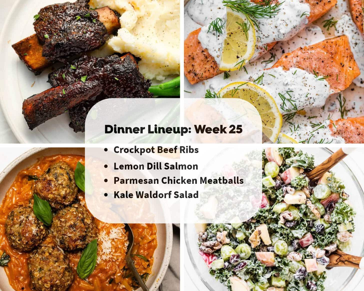 Four dishes: beef ribs with mashed potatoes, lemon dill salmon with greens, chicken meatballs in sauce, and kale Waldorf salad. Central overlay lists these as the dinner lineup for week 25.